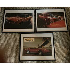 Set Of 3 Car Posters 69 SS Camero, 70 SS Chevelle, 73 Corvette 16x20 Framed